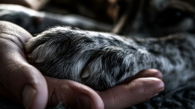 Human hands holding pet paws: Intimate moment of animal companionship and care