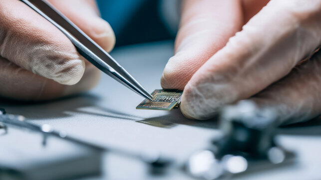 Technician works with tweezers on a small circuit board during electronic repair process