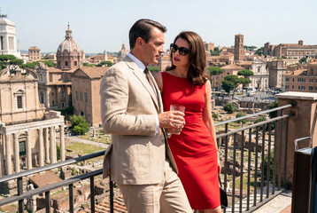 Obraz premium Elegant couple in stylish attire conversing on a sunlit balcony overlooking the historic ruins and beautiful classic architecture of ancient Rome, Italy.