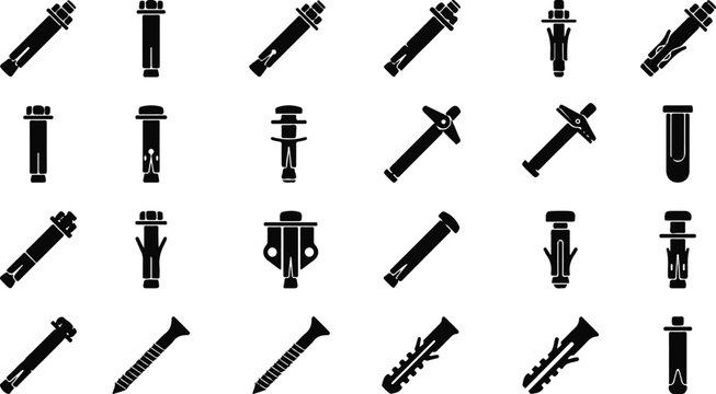Collection of Industrial Wall Anchors and Expansion Bolt Silhouette Icons for Masonry and Construction