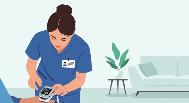 Nurse checking patient's oxygen saturation with pulse oximeter at home