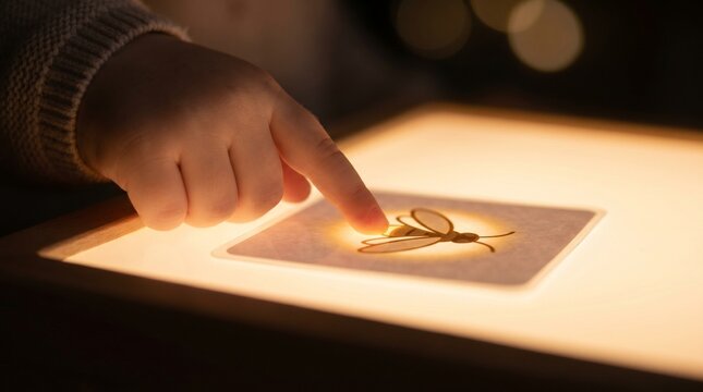 Child Finger Pointing and Touching Glowing Translucent Insect Flashcard on Light Box in Macro Close-Up Magical Discovery