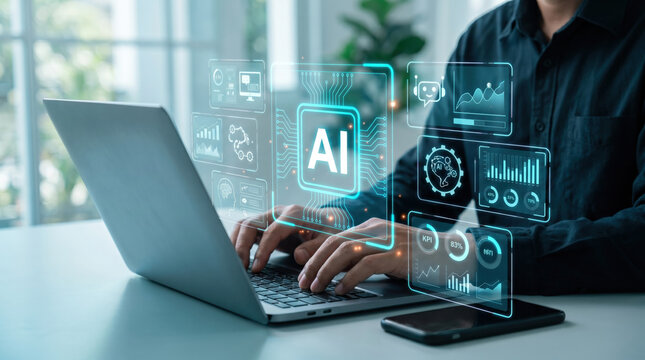 Artificial intelligence and digital business transformation concept featuring businessman working on laptop with holographic AI dashboard and smart analytics interface