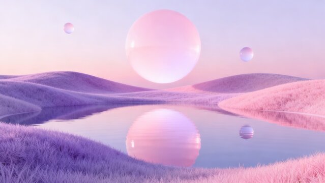 Pastel landscape with spheres and reflection