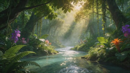 Fototapeta premium Sunlit jungle river with vibrant flora