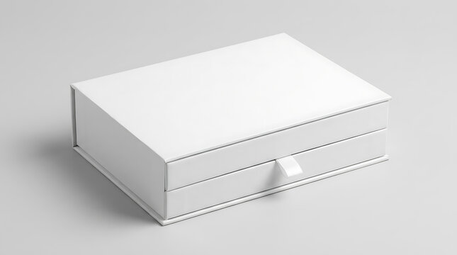 Closed white rectangular gift box with a ribbon pull tab for luxury packaging and branding mockup