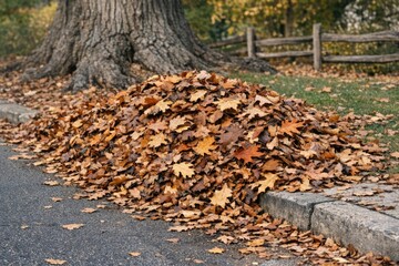 Obraz premium A pile of fallen leaves sits beside a road, ideal for use in outdoor-themed designs or as a symbol of seasonal change
