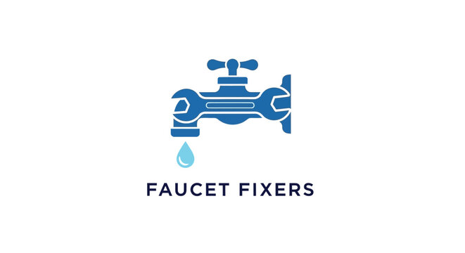 Plumbing Service Icon: Faucet with Wrench, Water Drop, and Text