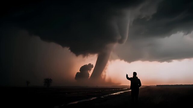 Tornado, twister, weather, natural disaster. A dramatic portrayal of a solitary figure standing in a vast, open field. The figure, silhouetted against the sky, appears to be observing a large.