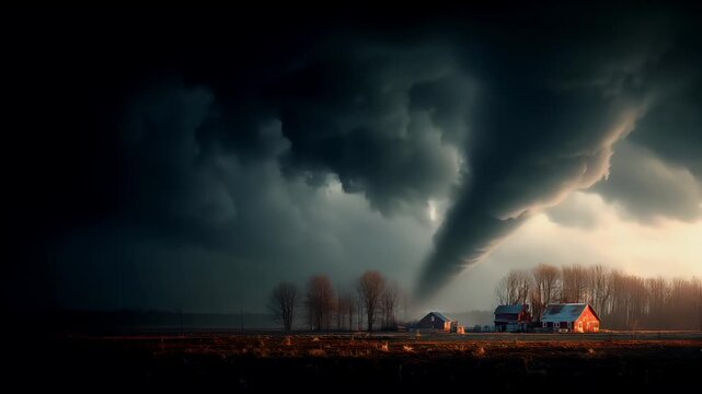 Tornado, twister, weather, natural disaster. A dramatic landscape photograph captures a stormy scene. A large, dark, swirling cloud forms the sky, casting a distinct shadow across the landscape.
