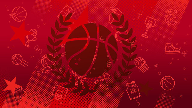 Basketball with laurel wreath on red background, sport banner template