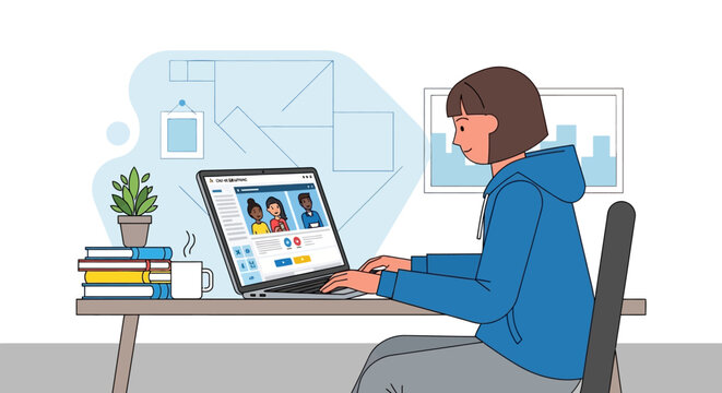 Young woman in hoodie video conferencing on laptop at desk, remote work illustration
