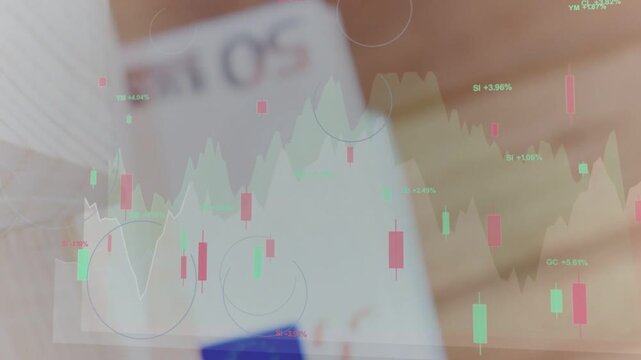 Gloved finger nudging EU booklet causing shift and blur while charts animating showing market