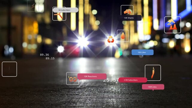 Pair headlights entering, starting social UI badges floating over asphalt, visualizing engagement