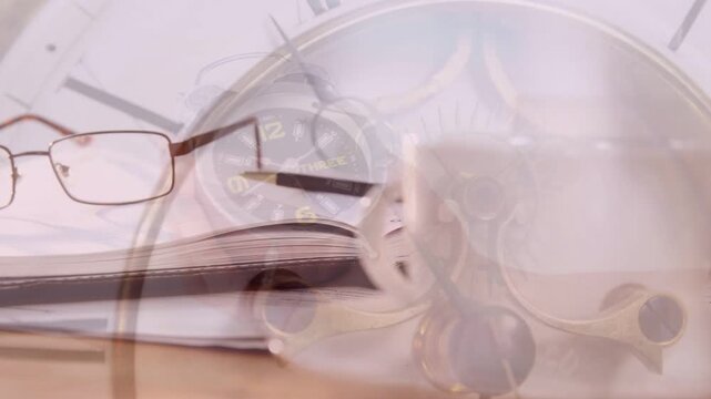 Clock overlay shifting, glasses sliding into focus, pencil aligning, emphasizing time passing
