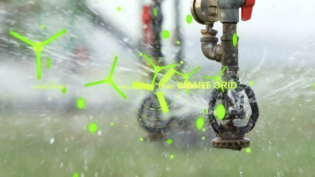 Sprinkler valve spraying on water start while green HUD converging over valve showing SMART GRID