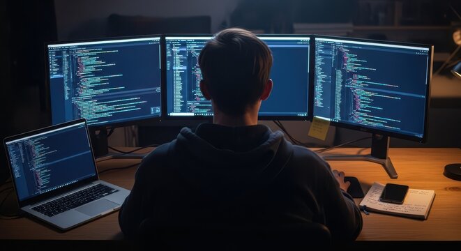 Man sitting at desk with multiple computer monitors and laptop coding late at night