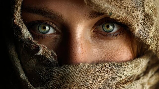 Close-Up Portrait of a Young Woman with Striking Eyes Partially Covered by a Textured Scarf in Soft Lighting