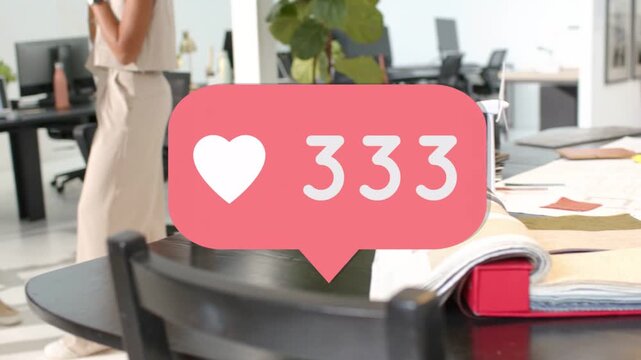3 women chatting by wood table with mugs, like bubble rising causing camera pull showing marketing