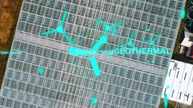 Glass roof getting cyan holo, turbine icons rotating, camera panning, GEOTHERMAL showing 3KM depth