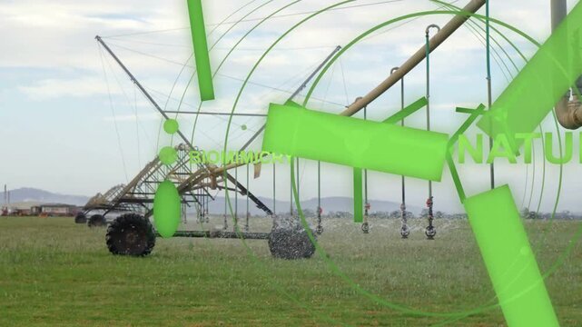 Green overlay appearing, pivot pipeline spraying water while text scaling, showing efficiency tech