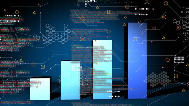 Scrolling code driving panels forming five bars, showing glitch bands, alerts visualizing data