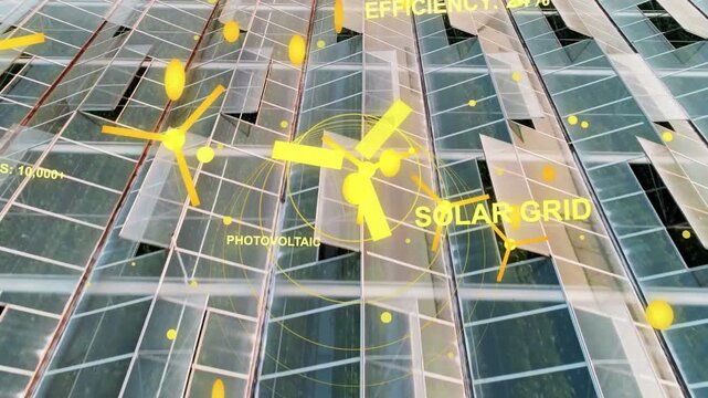 Yellow AR overlay appearing over panels, rotating hubs and nodes, camera rising revealing grid 24%