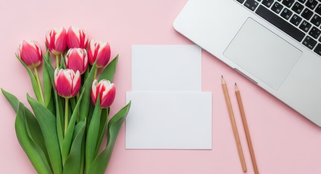 Pink tulips flowers and laptop on pink background with pencils and paper