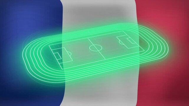 Neon-green holo stadium forming, curves emerging on white stripe, tilting, fading, showing pitch