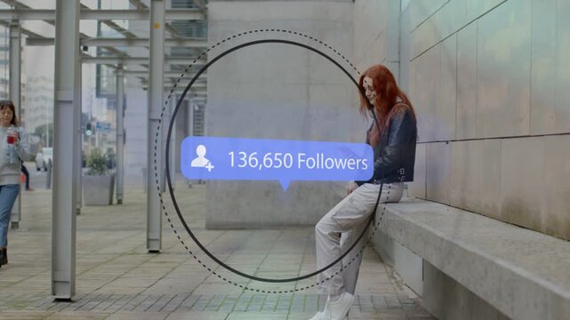 Seated woman tapping phone, creating social media follower bubble rising over bench, showing growth