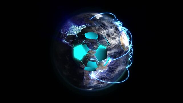 At start, teal polyhedron rotating and pulsing, cyan arcs looping to connect Earth, showing network