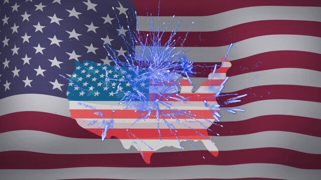 US silhouette filling with flag after blue burst, splashing, dripping, settling for branding