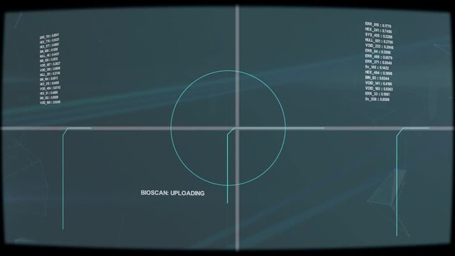 HUD showing BIOSCAN: UPLOADING appearing, reticle rotating, segments indicating upload progress