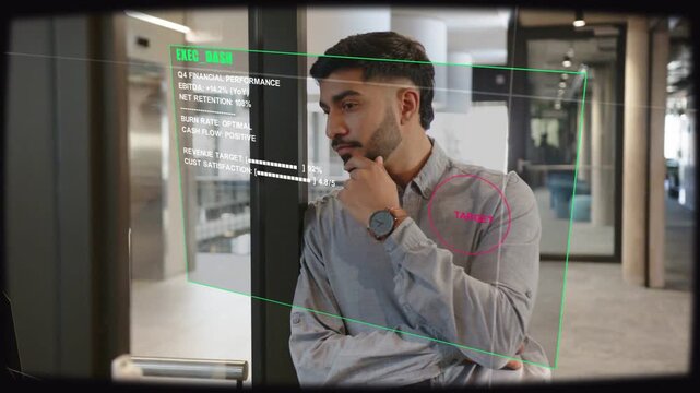 Man standing by glass, green dashboard projecting on glass, analyzing finance metrics and deciding