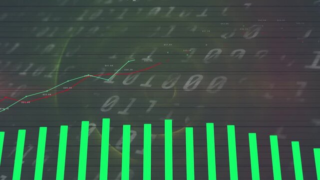 On load, data chart animating: green bars rising left to right, lines peaking, visualizing overview