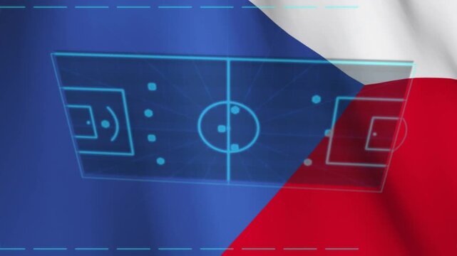 Holographic pitch panel fading in after flag ripple, drawing routing lines to show tactics
