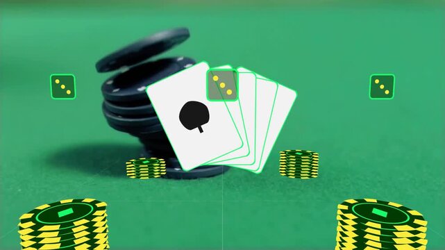 Fanned cards staying centered while right chips tumbling, green dice floating forming casino piles