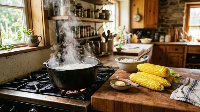 Vigorously boiling black cast iron pot releasing steam over fragrant jasmine rice, beside bright yellow ears of sweet corn on a counter.