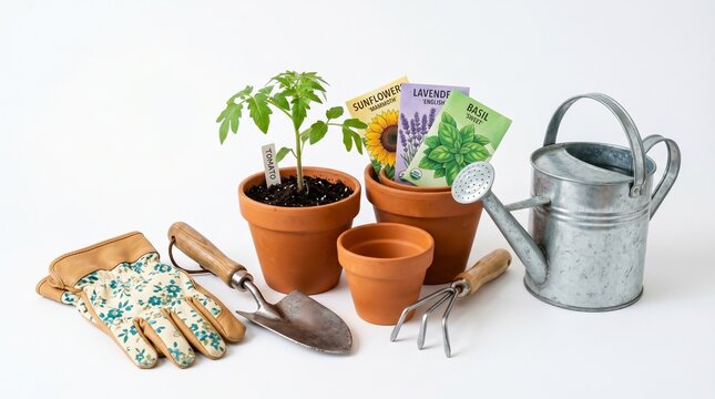 Gardening essentials including flower pots tools and watering can arranged creatively representing home gardening concept ideal for spring and lifestyle visuals