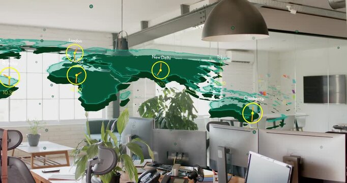 Thin green splash appearing, green map sweeping over desks, yellow clocks adding, showing times