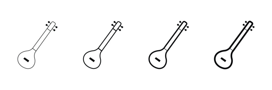 Indian musical instrument icon set, traditional string lute in various outline stroke weights as vector illustration for music design.