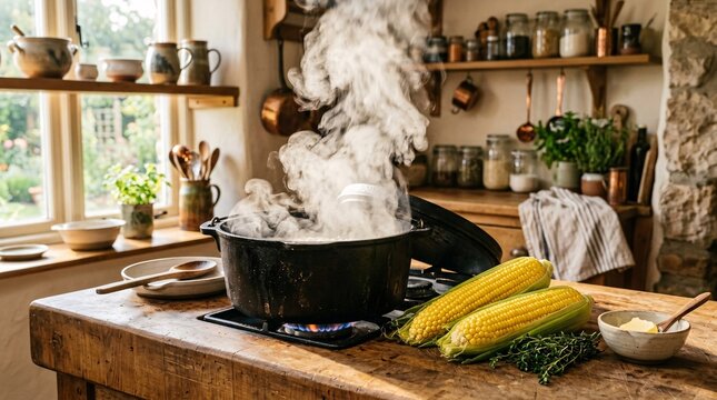 Vigorously boiling black cast iron pot releasing steam over fragrant jasmine rice, beside bright yellow ears of sweet corn on a counter.