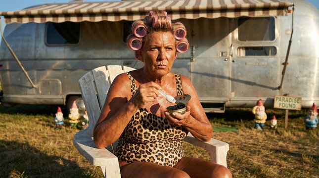 A tanned older woman in a leopard-print bathing suit and curlers in her hair eats black caviar from a tin next to an antique silver travel trailer with garden gnomes.