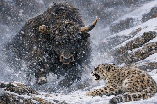A snow leopard and a yak standing together in a snowy environment