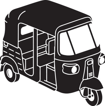 Black and white illustration of a tuk-tuk, auto rickshaw, vehicle icon