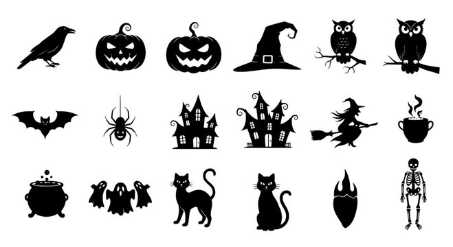 Halloween icons set with black silhouettes of pumpkins, witches, and ghosts featuring bats, spiders, haunted houses with owls and cauldrons elements