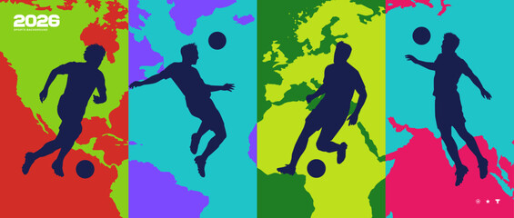 Naklejka premium Soccer players vector silhouettes on multicolor world map background