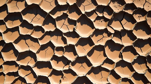 Geometric Patterns of Dried Cracked Earth in Desert Sunlight