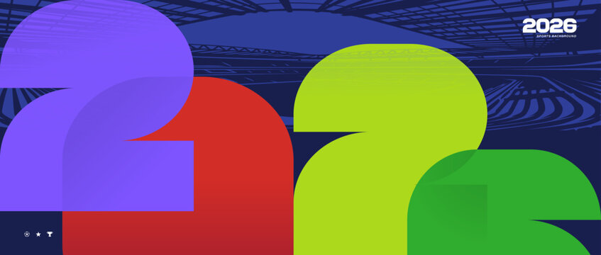 Soccer football 2026 world championship background with abstract colorful numbers and stadium arena silhouette.