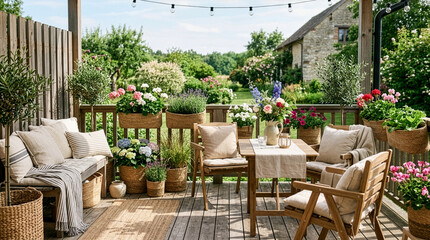 Fototapeta premium Cozy rustic wooden deck with outdoor furniture, potted flowers, green plants, and string lights on a sunny day